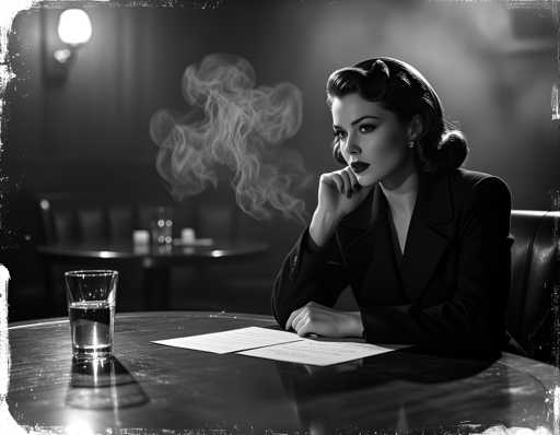 A woman with long brown hair is seated at a table in front of her, wearing a black blazer and smoking a cigarette. The background features a dark room with a window on the left side, allowing for natural light to enter.