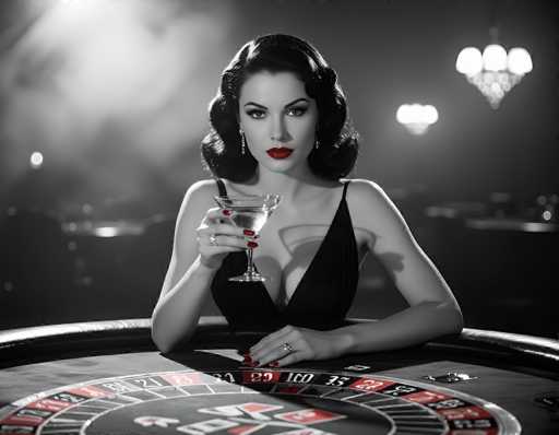 In this striking black-and-white photograph, a woman with dark, wavy hair styled in a 1950s fashion sits at a roulette table in a casino. She is wearing a black, low-cut dress that reveals her cleavage, and her red lipstick stands out vividly against the monochrome backdrop. Her right hand, adorned with a ring on her middle finger, holds a martini glass filled with a clear liquid, while her left hand rests on the table, also displaying a ring. The roulette table in front of her features a black felt surface with red and white numbered spaces, and a small chip is visible near her hand. The background is blurred, highlighting the woman and her elegant attire, with a chandelier hanging from the ceiling and a few lights adding to the ambiance. The overall composition captures a moment of poised sophistication, reminiscent of classic Hollywood glamour.