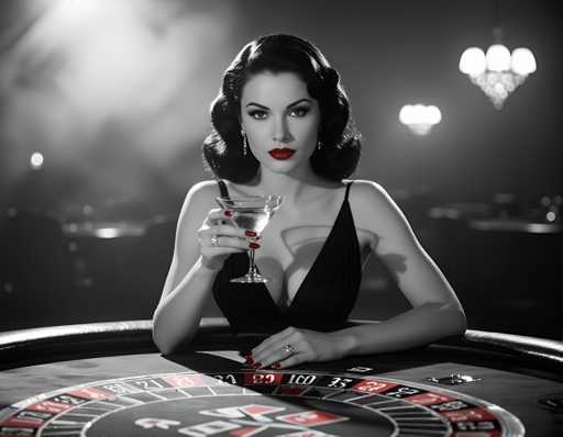A woman with long dark hair is seated at a table playing roulette. She is wearing a black dress and holding a glass of wine. The background features a blurred casino scene with a chandelier hanging from the ceiling.