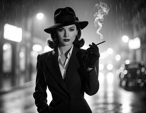 In this evocative black-and-white photograph, a woman stands confidently in the middle of a rain-soaked street, exuding an air of vintage glamour. She is dressed in a sharp, black pinstriped suit jacket, left unbuttoned to reveal a crisp white collared shirt underneath. Her ensemble is completed with a black fedora, adorned with a black band, and black gloves that add a touch of sophistication. She holds a long cigarette holder in her left hand, from which smoke gently rises, curling into the air. Her dark hair is styled in a classic 1940s fashion, and she wears dark lipstick that accentuates her serious expression. The background is blurred, emphasizing her presence, but you can make out the rain-drenched street, illuminated by the glow of streetlights and the headlights of cars. The overall scene is reminiscent of a film noir, capturing a moment of timeless elegance and mystery.