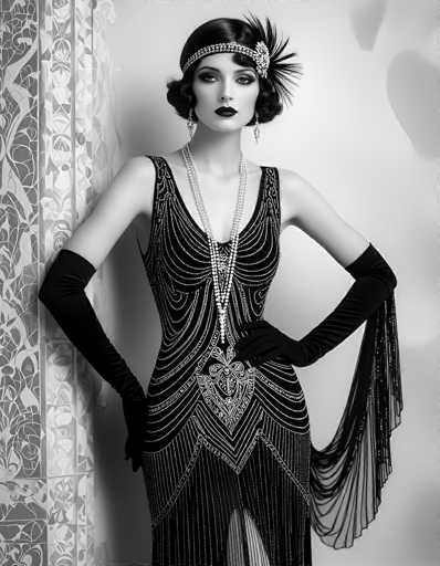 A striking black and white photograph captures a woman embodying the elegance of the 1920s flapper era. She stands confidently, her short, curly black hair adorned with a headband featuring a large feather. Her makeup is bold, with dark lipstick and eye shadow accentuating her eyes. She wears long, dangling earrings that add to her sophisticated look.

Her attire is a stunning black dress embellished with intricate white designs. The dress features a deep V-neckline and is form-fitting, accentuating her figure. A long, beaded necklace drapes down to her waist, adding a touch of glamour. The dress's sleeves extend to her elbows, and the bottom hem flares out, revealing a glimpse of her legs.

The woman's pose is poised, with one hand resting on her hip and the other by her side. She stands against a white wall, with a curtain to her left that has a floral pattern, adding a subtle decorative element to the scene. The overall composition exudes a timeless beauty and captures the essence of the Roaring Twenties.