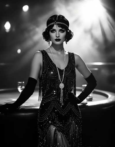 This black-and-white photograph captures a strikingly beautiful woman, likely in her 20s or 30s, embodying the elegance of the 1920s flapper era. She stands confidently with one hand on her hip and the other resting on a table, her dark hair styled in short, wavy curls reminiscent of the iconic look of the era. Adorning her head is a jeweled headband, and she wears long, dangling earrings that complement her glamorous appearance. Her lips are painted a bold black, adding to her sophisticated charm.

Her attire is a stunning black dress, embellished with beads and sequins, featuring a V-neckline and a high slit that reveals a glimpse of her leg. The dress is form-fitting, accentuating her figure, and she pairs it with long black gloves that extend past her elbows. Around her neck, she wears a long, beaded necklace that drapes elegantly down to her waist, adorned with a large, ornate pendant.

The background is softly blurred, with a light source creating a smoky, ethereal effect that enhances the vintage ambiance of the photograph. The overall composition, from her poised stance to the shimmering details of her dress and accessories, evokes a sense of timeless beauty and glamour.