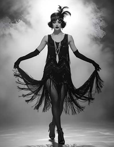 A woman is captured mid-stride on a runway, wearing a flapper style dress with fringe detailing and a feathered headband. She holds a parasol in her right hand while the left hand supports her body as she walks. The background features a blurred smoke screen effect that adds an air of mystery to the scene.