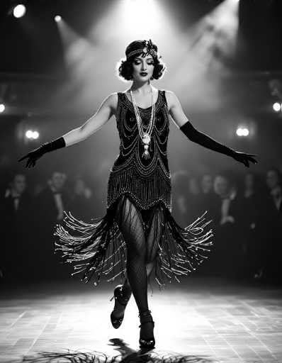 A captivating black-and-white photograph captures a vintage scene reminiscent of the 1920s or 1930s. The image, taller than it is wide, features a woman in the foreground who appears to be dancing. She is adorned in a striking flapper dress, characterized by its black fabric embellished with beads and sequins. The dress is sleeveless and has a deep V-neck, with a distinctive peplum-like skirt that flares out at the bottom, adorned with black and white tassels. She accessorizes with long black gloves that extend to her elbows, a headband with a feather, and a long necklace that reaches down to her waist. Her short, curly hair is styled in a bob, and she wears dark lipstick, adding to her glamorous appearance. The woman's right leg is lifted, suggesting movement, and she stands on a tiled dance floor. In the background, a group of elegantly dressed men and women observe her performance, adding to the lively atmosphere of the scene.