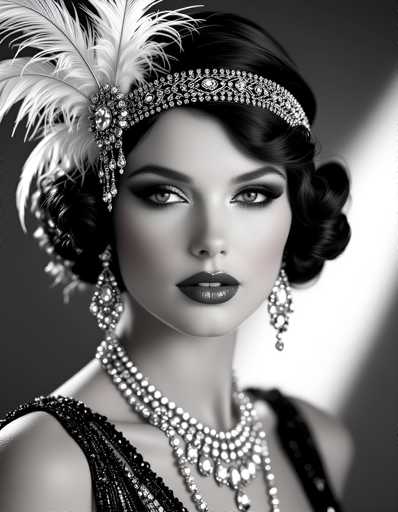 A woman is captured in a black and white portrait against a plain background. She wears an elegant feathered headpiece that adds a touch of glamour to her appearance. The woman's hair is styled in loose curls, framing her face beautifully. She is wearing a necklace with large, sparkling diamonds that catch the light and add sparkle to her look.