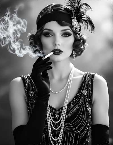 A striking black-and-white photograph captures a woman in her 20s or 30s, exuding the glamour of the 1920s flapper era. She stands poised, gazing directly into the camera with a serious expression. Her short, curly hair is adorned with a black headband featuring a prominent feather and a brooch, adding to her vintage allure. She wears long, black gloves that extend past her elbows, complementing her elegant black dress embellished with intricate silver beading and sequins. Around her neck, she sports a triple strand of pearls, with the longest strand draping down to her chest. Her makeup is meticulously applied, with dark lipstick and dramatic eye shadow accentuating her eyes. In her right hand, she holds a cigarette, from which smoke elegantly swirls to the left side of the image. The photograph is framed from her chest up, with a blurred background that keeps the focus entirely on her.