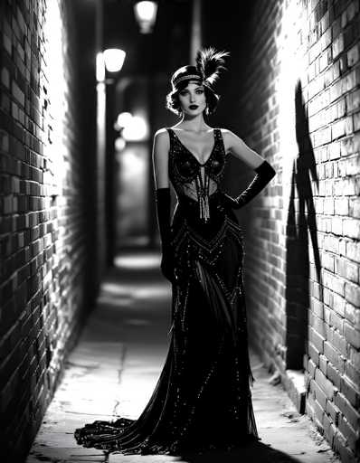A captivating black-and-white photograph features a woman standing in a narrow alleyway, exuding an aura of vintage elegance. She is adorned in a long, flowing black dress embellished with intricate beading and sequins, which cascades down to the floor. The dress is form-fitting, accentuating her figure, and includes a daring cutout that extends up to her chest, adding a touch of allure. Her ensemble is completed with long black gloves that reach up to her elbows, and a stylish hat adorned with a prominent feather, reminiscent of the 1920s flapper fashion.

The woman stands with one hand confidently placed on her hip, her head slightly tilted to the right, and her gaze directed straight at the camera, conveying a sense of poise and self-assurance. The alleyway itself is constructed of brick walls on either side, with a concrete floor that adds to the gritty, urban atmosphere. In the background, a series of streetlights cast a soft glow, creating a subtle interplay of light and shadow that enhances the photograph's dramatic effect. The overall composition, with its careful attention to detail and atmospheric lighting, evokes a sense of nostalgia and mystery, making the viewer feel as though they have stumbled upon a hidden moment frozen in time.
