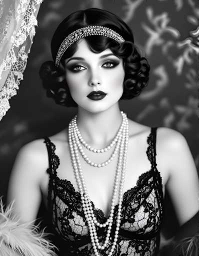 This black-and-white photograph captures a striking image of a woman, likely from the 1920s or 1930s, embodying the glamour of the era. She is adorned in a black lace negligee with thin straps, exuding an air of sophistication. Her short, curly hair is elegantly styled, and she wears a headband embellished with what appears to be diamonds or pearls, adding a touch of sparkle. Her makeup is meticulously applied, with dark lipstick and eye shadow accentuating her features. Around her neck, she wears three strands of pearls, with the longest strand draping down to her waist. The background is a dark gray, featuring a white floral pattern that adds a subtle touch of elegance. In the bottom left corner, a hint of a feather boa is visible, suggesting she might be dressed for a night out. The overall composition of the photograph is both detailed and evocative, capturing the essence of vintage beauty.