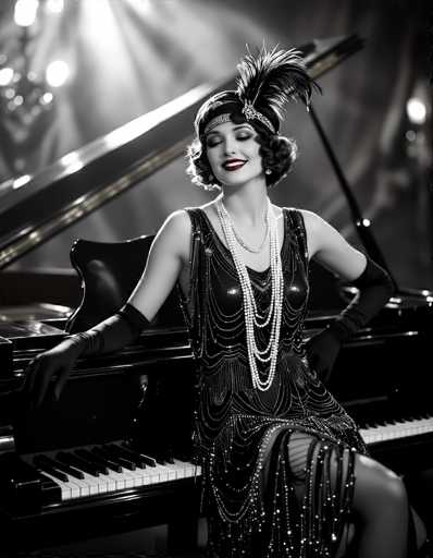 This black-and-white photograph captures a striking scene of a woman in a 1920s flapper outfit, seated on a grand piano. The image is in portrait orientation, with the woman positioned centrally, leaning back against the piano. She is adorned in a sleeveless black dress embellished with sequins and beads, featuring a V-neckline and a high slit on the right side, revealing her bare leg. Her attire includes long black gloves that extend past her elbows, a headband with a large feather, and a short curly bob hairstyle. Around her neck, she wears three strands of pearls, with the longest strand draping down to her knees. Her makeup is bold, with bright red lipstick and dark eye makeup, and she wears earrings. The grand piano, with its lid open, is situated in the background, slightly out of focus, adding depth to the composition. The photograph exudes a sense of glamour and nostalgia, reminiscent of the Roaring Twenties era.