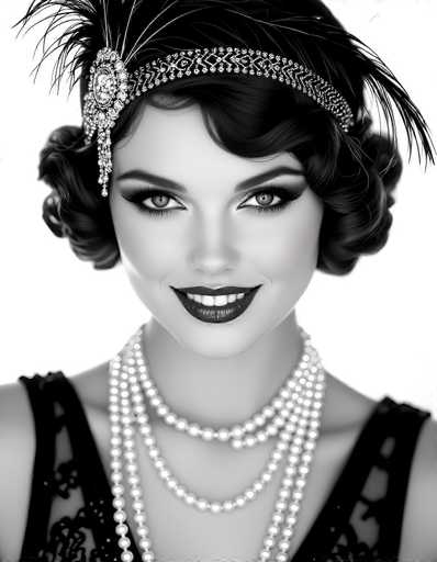 This black-and-white photograph captures a strikingly beautiful woman, likely in her 20s, embodying the elegance of the 1920s flapper era. She has short, wavy black hair styled in a bob, adorned with a headband featuring feathers and a large, ornate brooch on the left side. Her makeup is bold, with dark lipstick and heavy eye makeup, including mascara and eyeliner, accentuating her expressive eyes. She wears a sleeveless black dress with a deep V-neck, and around her neck are three strands of pearls, the longest strand draping down to her chest. The woman gazes directly at the camera with a subtle, closed-mouth smile, exuding a timeless beauty and sophistication.