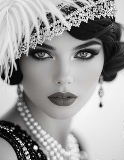 This black-and-white photograph captures a striking portrait of a woman with short, dark hair styled in a vintage fashion reminiscent of the 1920s or 1930s. Her hair is elegantly pulled back, adorned with a headband featuring a prominent white feather and intricate silver beading. The woman's eyes are accentuated with heavy black eyeliner, and her lips are painted a bold gray, adding to her dramatic appearance. She wears long, dangling earrings that complement her sophisticated look. Around her neck, she sports a multi-layered pearl necklace, adding a touch of classic elegance. Her attire includes a black dress embellished with silver beading, enhancing the overall vintage aesthetic. The photograph is a close-up, focusing on her face and upper body, with a blurred background that emphasizes her detailed features and attire.