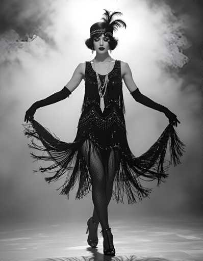 A captivating black-and-white photograph captures a woman in an exquisite flapper dress, evocative of the 1920s era. The dress, adorned with intricate beading and shimmering sequins, features a high neckline and short sleeves that extend to her elbows. The hemline of the dress is embellished with cascading tassels that flow elegantly around her legs. She accessorizes with long, black gloves that reach her elbows, a striking headpiece adorned with feathers, and a multi-strand pearl necklace. Her short, dark hair is styled in a classic bob, complementing her bold makeup, which includes dark lipstick and eye shadow. The woman stands poised on a reflective surface, her arms outstretched and holding the tassels of her dress, creating a dynamic and graceful pose. The background is a soft, smoky gray, adding an ethereal quality to the image. Her eyes are cast downward, and her lips are slightly parted, giving her a serene and contemplative expression.