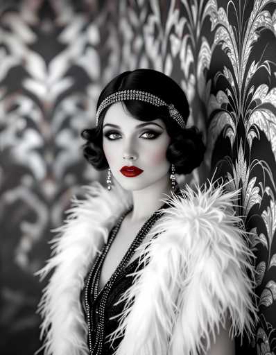 A woman is captured against a black and white backdrop featuring a floral patterned wallpaper with a repeating diamond design. The woman wears an elegant fur coat and a feathered headband, suggesting a vintage or historical style.