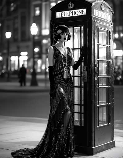 In this evocative black-and-white photograph, a woman stands poised in front of a classic telephone booth, exuding an aura of timeless elegance. She is dressed in a stunning flapper-style gown adorned with intricate beads and sequins, creating a mesmerizing pattern that cascades down to her feet. The dress, which features a daringly low back, is complemented by long black gloves that extend gracefully to her elbows. Her ensemble is completed with a sleek black headband, a statement necklace, and strikingly dark lipstick that accentuates her sophisticated look.

The telephone booth she leans against is a quintessential model from the 1920s or 1930s, characterized by its ornate design and glass panels. The word "TELEPHONE" is prominently displayed in bold black letters on a white background, with an elegant crown perched above the text. The booth's door, which is open, reveals a glass panel framed by a black border, adding to the vintage charm of the scene.

The background is softly blurred, drawing focus to the woman and the telephone booth. However, one can still discern the silhouettes of other people and the faint glow of streetlights, hinting at a bustling cityscape. The overall composition captures a moment frozen in time, blending the glamour of the past with the enduring allure of classic design.