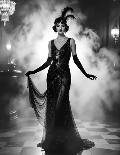 A woman is standing on a checkered floor in front of a chandelier and a mirror. She is wearing an elegant black dress with a train that flows down the back and a feathered headpiece. The background features smoke from a pipe, adding to the vintage atmosphere of the scene.