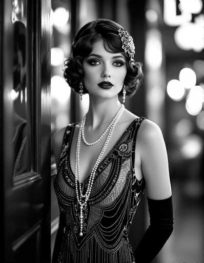 This black and white photograph captures a young woman, likely in her early 20s, embodying the elegance of the 1920s flapper era. She stands poised against a wooden wall, her left arm bent at the elbow, adorned with a black elbow-length glove. Her short, curly hair is styled in a bob, accentuated by a decorative clip on the right side. She wears dark lipstick and large, dangling earrings that add to her vintage charm. Around her neck, she sports two strands of pearls, with the longer strand draping down to her waist. Her dress, a striking black with intricate white swirls and patterns, features a deep V-neckline and is sleeveless. The background is blurred, filled with indistinct lights that create a soft, glowing effect, enhancing the timeless beauty of the scene.