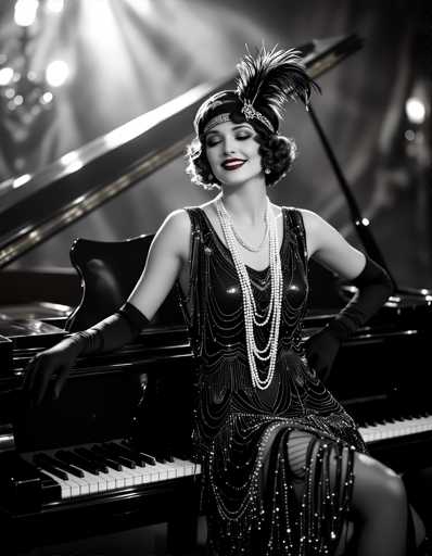 A woman is seated at a grand piano with her hands resting on the keys and wearing an elegant black dress adorned with pearls. The piano has a glossy finish that reflects the light from above, creating a warm glow in the room.