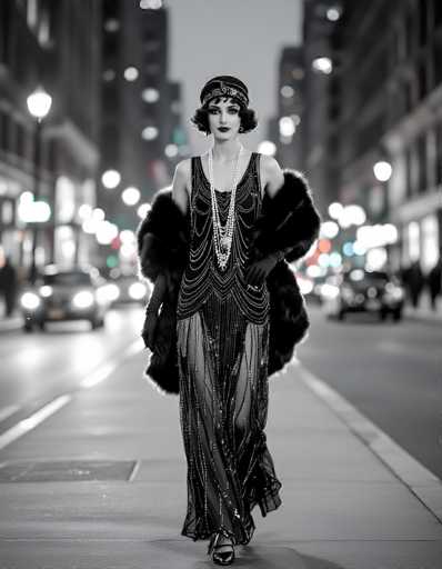 A captivating black-and-white photograph captures a woman in an exquisite flapper-style dress, reminiscent of the 1920s. She stands confidently on a city sidewalk, framed by the blurred outlines of towering buildings and bustling streetlights. The woman's dress is a stunning black, adorned with intricate white beading and sequins that catch the light, creating a mesmerizing effect. The sheer fabric of the dress reveals her legs, adding to its allure. She accessorizes with a long, multi-strand pearl necklace that cascades down to her waist, and a black headband embellished with beads and sequins. Her short, curly hair is styled in the fashion of the era, and she wears dark lipstick that accentuates her bold look. A luxurious fur stole drapes elegantly over her shoulders, while black gloves and high heels complete her sophisticated ensemble. The woman gazes directly at the camera, embodying the glamour and spirit of the Roaring Twenties.