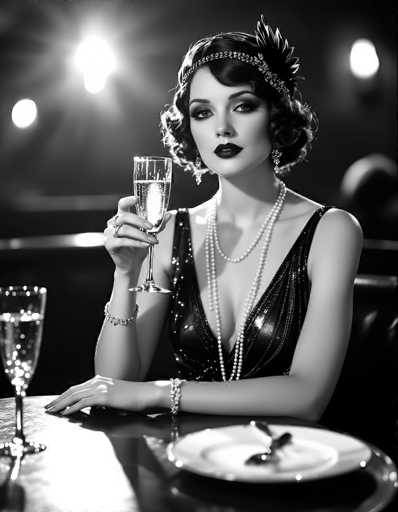 A captivating black-and-white photograph features a woman exuding the elegance of the 1920s. She is seated at a table, adorned in a stunning black sequined dress with a plunging neckline. Her ensemble is complemented by two strands of pearls draped around her neck, and a headband adorned with feathers and jewels sits atop her short, curly hair. Her makeup is meticulously applied, with dark lipstick accentuating her lips. She wears a bracelet on her right wrist and two rings on her right hand, which holds a champagne flute filled with a bubbly liquid. Her left arm rests on the table, showcasing another bracelet. In front of her, a plate with two spoons is visible, and another champagne flute sits on the table. The background is softly blurred, featuring a light source that casts a gentle glow, adding to the timeless atmosphere of the scene.