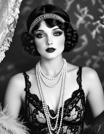 A woman is captured in a striking black and white portrait against an elegant floral backdrop. She wears a black lace bra with a matching black dress that features a lace bodice adorned with pearls. The woman's hair is styled in loose curls, adding to her regal appearance. A feathered headpiece rests on her head, complementing the overall aesthetic of the image.