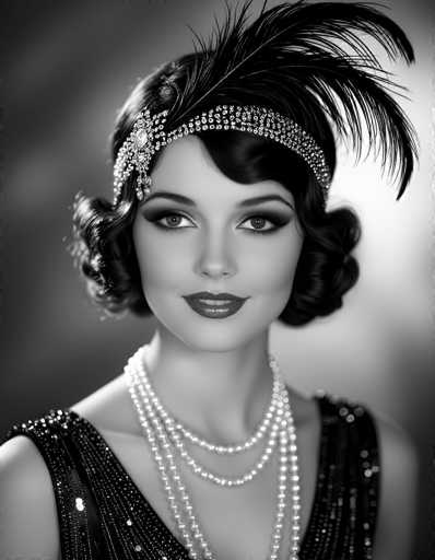 This black-and-white photograph captures a stunning young woman, likely in her early 20s, embodying the elegance of the 1920s flapper era. She is adorned in a sleeveless, sequined dress that sparkles under the light, perfectly complementing her short, wavy bob hairstyle. Her makeup is meticulously applied, with dark lipstick and eye shadow accentuating her expressive eyes. Around her neck, she wears three strands of pearls, adding a touch of sophistication to her ensemble. A headband adorned with feathers and encrusted with what appear to be diamonds sits gracefully on her head. The background is a simple gradient of gray, ensuring all attention remains on her captivating presence.