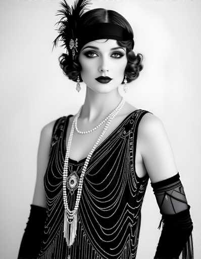 This black-and-white photograph captures a striking woman dressed in the iconic style of the 1920s. She stands against a plain white background, her presence commanding attention. Her short, curly hair is adorned with a black headband featuring a prominent feather and a small brooch on the left side. Her makeup is bold, with dark lipstick and heavy eye shadow accentuating her large eyes. She wears long, dangling earrings that add to her glamorous look.

Her attire is a sleeveless dress with a deep V-neck, embellished with intricate white beading that cascades down the front and forms a pattern resembling a peacock's tail. Around her neck, she wears two strands of pearls, the longer strand draping down to her waist. Her arms are covered by black elbow-length gloves, adding a touch of elegance to her ensemble. The overall composition of the photograph highlights the woman's poised and sophisticated demeanor, perfectly capturing the essence of the Roaring Twenties.