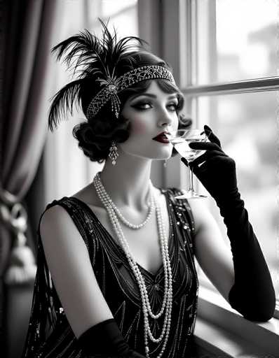 A captivating black-and-white photograph features a woman in an exquisite flapper outfit, evoking the elegance of the 1920s. She is adorned in a sleeveless black dress embellished with intricate silver beading, which cascades down the front and back, adding a touch of glamour. Her ensemble is complemented by a double strand of pearls around her neck and a matching pearl headband encircling her forehead. The headband is adorned with a striking silver brooch, from which two large black feathers elegantly protrude from the back. Her short, curly black hair frames her face, accentuated by bold red lipstick and heavy eye makeup. She wears long, black gloves that extend to her elbows, adding to her sophisticated appearance. In her left hand, she holds a clear glass filled with a clear liquid, poised as if about to take a sip. The background is softly blurred, featuring a window with a white frame and a dark curtain to the left, creating a serene and timeless atmosphere.