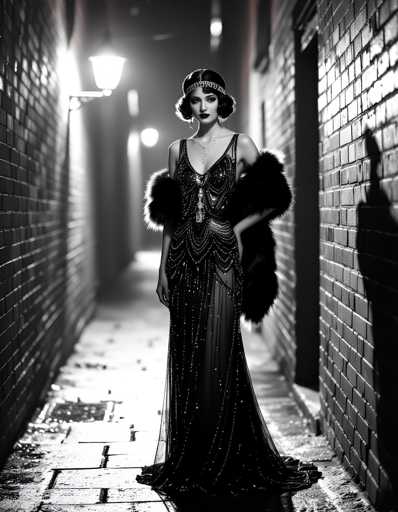 A woman is standing on an alleyway at night wearing a long black dress with a fur collar and a feather headpiece. She has her hands in her pockets and is looking directly at the camera. The background features a brick wall and a street lamp.