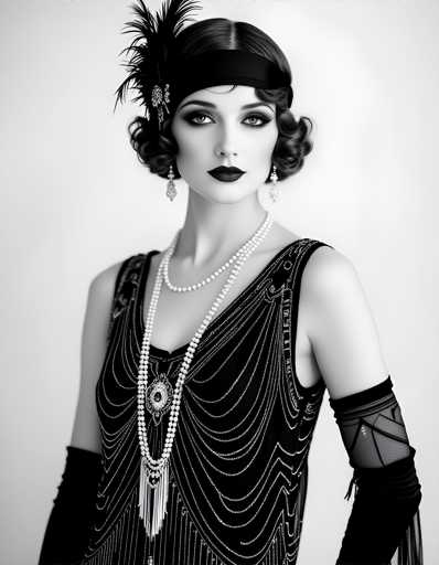A woman is captured in a black and white portrait photograph. She is wearing an elegant dress with a high neckline and cinched waist, paired with a feathered headband that adds a touch of sophistication to her look. The background is plain white, which contrasts beautifully with the dark tones of her attire. The woman's pose suggests she is posing for the photo, with her gaze directed straight at the camera.
