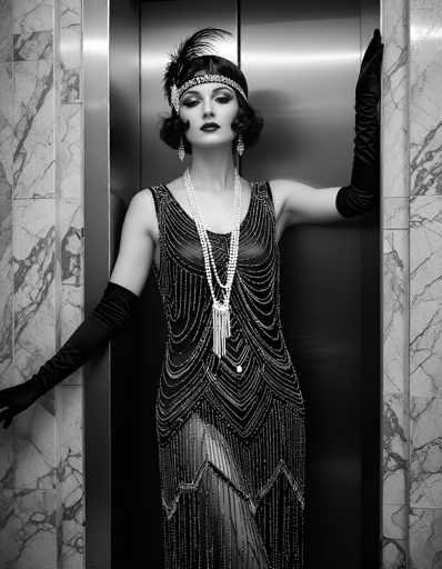 In this striking black-and-white photograph, a woman embodies the elegance of the 1920s flapper era. She stands confidently in an elevator, leaning against the wall with one arm while gazing directly at the camera. Her attire is a stunning example of the fashion from that time period: she wears a sleeveless dress adorned with intricate beadwork and sequins, featuring a V-neckline embellished with beads that cascade down to the hem. The dress is further accentuated by a zigzag pattern of beads at the bottom. Her accessories are equally captivating; she dons long black gloves that extend past her elbows, a double-strand of pearls, and a headband adorned with a prominent feather. Her short, dark hair is styled in the quintessential 1920s fashion, complete with a slight curl at the ends. The elevator's interior, with its marble-like walls, provides a sophisticated backdrop that complements her vintage allure.