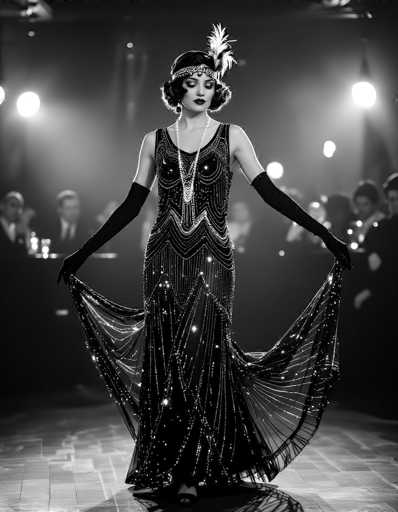 A captivating black-and-white photograph captures a woman in a stunning flapper dress, evocative of the 1920s era. The dress is adorned with intricate beadwork and sequins, creating a dazzling effect as she twirls. She holds the sides of her dress with both hands, causing it to flare out gracefully. The woman's attire is complemented by long black gloves that extend past her elbows, a headband with a prominent feather, and short, curly hair. Her makeup is bold, featuring dark lipstick and eye shadow, enhancing her striking appearance. The background is slightly blurred, revealing a dimly lit room with several people seated at tables, their attention focused on the woman. The scene is illuminated by round lights hanging from the ceiling, casting a soft glow over the entire setting.