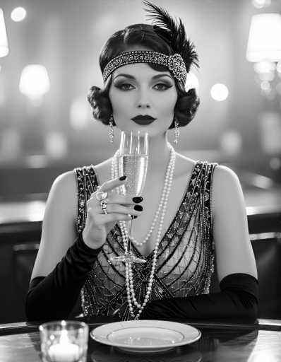 This black-and-white photograph captures a glamorous woman in her 20s or 30s, dressed in the style of the 1920s or 1930s. She is seated at a table, holding a champagne glass filled with a bubbly liquid, possibly champagne or wine. Her attire is a striking black dress adorned with intricate silver beading and sequins, featuring a deep V-neckline that reveals her shoulders and chest. She accessorizes with a double-strand of white pearls, long dangling earrings, and black gloves that extend to her elbows. Her nails are painted black, and she wears two rings on her right hand. A headband with a feather adorns her short, wavy hair, which is styled in a bob. The background is blurred, with indistinct lights and possibly other tables, suggesting a restaurant setting. In front of her on the table are a white plate and a candle in a glass holder, adding to the elegant ambiance.
