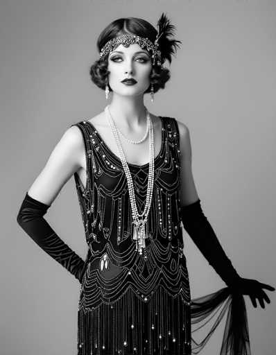A striking black-and-white photograph captures a woman in an exquisite flapper-style dress, evocative of the 1920s. The dress is adorned with intricate beading and sequins, creating a mesmerizing pattern of waves and V-shapes that cascade from her shoulders to her knees. The bottom of the dress features a series of vertical beaded lines, adding to its elegance. She accessorizes with long, black gloves that extend past her elbows, and a double-strand of pearls draped around her neck. Her hair is styled in a short, wavy bob, and she wears a headband embellished with feathers and jewels, enhancing her vintage look. The woman's makeup is bold, with dark lipstick and eye shadow accentuating her features. She gazes slightly to the left, her left hand holding the edge of her dress, while her right hand rests on her hip. The background is a simple gray, ensuring all attention remains on her captivating presence.