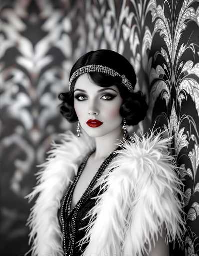 This black-and-white photograph captures a strikingly beautiful woman, likely in her 20s or 30s, embodying the elegance of the 1920s flapper era. She stands against a backdrop of ornate, black-and-white floral wallpaper, which is slightly blurred on the left side, drawing focus to her poised figure. Her short, wavy black hair is adorned with a headband featuring a central jewel and flanked by smaller jewels, complementing her sophisticated look. She wears heavy eye makeup with dark eyeliner and mascara, accentuating her light-colored eyes, possibly green. Her lips are painted a vivid red, contrasting sharply with her pale complexion. She is dressed in a black sequined dress, adorned with a double row of long, white feathers on her shoulders, and accessorized with long, dangling earrings. The photograph is cropped at her waist, emphasizing her upper body and the intricate details of her attire and makeup.