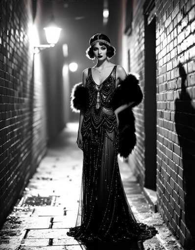 In this evocative black-and-white photograph, a woman stands gracefully in the middle of a narrow, brick-lined alleyway, exuding the elegance of the 1920s flapper era. She is adorned in a long, black dress embellished with intricate beadwork and sequins, which shimmers under the soft glow of a street lamp positioned above her head. The dress features a daring slit on the side, revealing a glimpse of her leg. Her attire is further accentuated by a luxurious fur stole draped over her shoulders and a headband adorned with jewels that sits atop her short, curly black hair. She accessorizes with long, dangling earrings and a necklace, adding to her sophisticated appearance. The ground beneath her is wet, reflecting the soft light and enhancing the moody atmosphere of the scene. The woman stands with one hand confidently placed on her hip, gazing directly at the camera, embodying the essence of a bygone era.