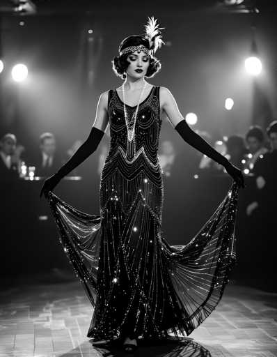 A woman is standing on a stage wearing an elegant black dress with a train and feather boa. She has her hands behind her back and is holding the train of her dress up to her face. The background shows other people in similar attire, suggesting this could be part of a historical reenactment or costume party event.