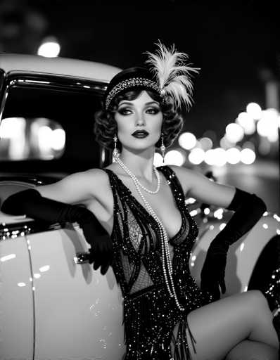 This black-and-white photograph captures a glamorous woman in a 1920s flapper outfit, leaning against the front of a vintage car. The car, which appears to be white with a black stripe down the middle, is parked on a street at night, with blurred streetlights and buildings in the background. The woman, who has short, curly hair styled in a bob, is adorned with a headband featuring a large white feather. She wears a sleeveless, sequined dress with a deep V-neckline and fishnet detailing, complemented by a double strand of pearls around her neck. Her accessories include long black gloves, dangling earrings, and dark lipstick. She gazes off to the left, exuding an air of timeless elegance.