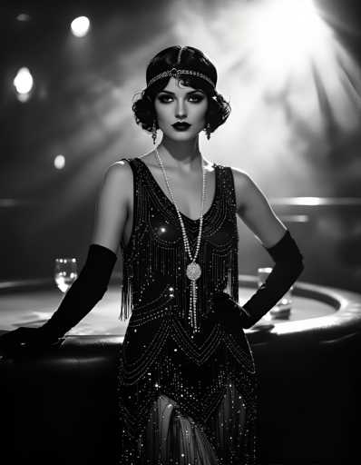 A woman is standing on a stage wearing a black dress with fringe detailing and a pearl necklace. She has her hands on her hips and is looking directly at the camera. The background features a large light fixture that casts a warm glow over the scene.