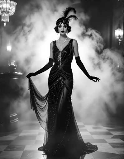 A captivating black-and-white photograph features a woman in an exquisite flapper dress, evocative of the 1920s era. The dress is adorned with intricate beading and sequins, creating a dazzling effect. She wears long, elegant gloves that extend to her elbows, and a striking headpiece embellished with feathers. Her short hair is styled in the fashionable bob cut of the time, and she accessorizes with a long, multi-strand pearl necklace. The woman is poised gracefully, holding the back of her dress with both hands, as if preparing to curtsy. The background is shrouded in a mysterious white haze, adding to the photograph's allure. A chandelier hangs from the ceiling, casting a soft light, while a table is visible to the left. The floor beneath her is a classic black-and-white checkered pattern, completing the vintage ambiance of the scene.