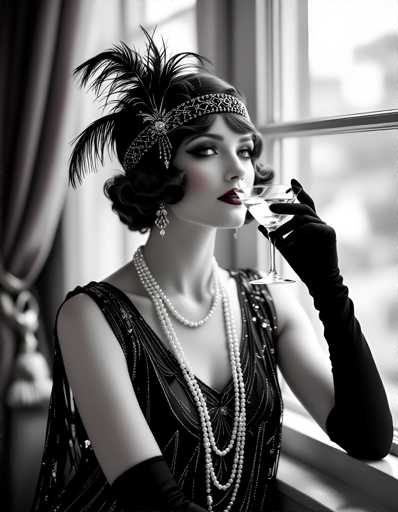 A woman is captured in a moment of quiet elegance against a backdrop of a window with white curtains and a beige wall. She wears a black dress adorned with pearls that sparkle subtly under the light. The woman holds a glass filled with wine, her hand gently cradling it as she takes a sip from it.