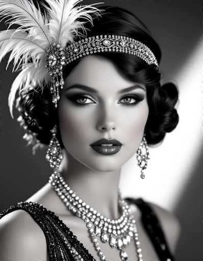 A striking black-and-white photograph captures a woman in her 20s, exuding the elegance of the 1920s flapper era. She is adorned in a sleeveless black dress, embellished with intricate silver beading that cascades down the front. Her dark hair is styled in a short, wavy bob, perfectly complementing her vintage look. A jeweled headband, studded with diamonds and featuring a prominent white feather on the left side, sits regally atop her head. Her makeup is meticulously applied, with dark lipstick and eye shadow accentuating her features. She gazes slightly to the left, her expression serene and captivating. Around her neck, she wears a multi-tiered silver necklace, adding to her sophisticated ensemble. The background is a simple gray, with a diagonal beam of light sweeping from the bottom right to the top right, highlighting her figure and adding a dramatic flair to the composition.