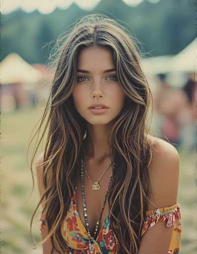 The image features a young woman, likely in her early 20s, with long, wavy brown hair that cascades down to her waist. Her hair is adorned with blonde highlights, adding a touch of vibrancy. She has striking green eyes and a sprinkling of freckles across her nose and cheeks, giving her a fresh, youthful appearance. Her lips are painted a soft pink, and she wears a subtle, almost neutral expression as she gazes directly at the camera.

She is dressed in a sleeveless top with a floral pattern, featuring shades of yellow, red, and blue. The top has a unique design, with one shoulder strap and the other strap positioned just below her bicep. Around her neck, she wears two necklaces: one is a beaded necklace with blue and yellow beads, and the other is a longer chain with a square pendant.

The background of the image is blurred, suggesting an outdoor setting with hints of greenery and possibly a tent, indicating she might be at an event or festival. The overall composition focuses on her serene and natural beauty, capturing a moment of quiet elegance.