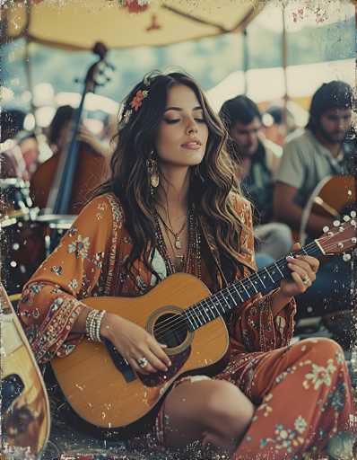The image depicts a young woman, likely in her early 20s, with long dark brown hair adorned with a flower. She is seated, playing an acoustic guitar, and appears to be in a relaxed, meditative state with her eyes closed. She is wearing a burnt orange dress with floral patterns and long sleeves, accessorized with multiple bracelets on her right wrist, a ring on her right hand, and a necklace. The background is blurred but suggests a musical setting with other musicians, including a man playing a guitar and another playing a cello. The scene is framed with a yellow border, giving it a vintage, slightly worn look.