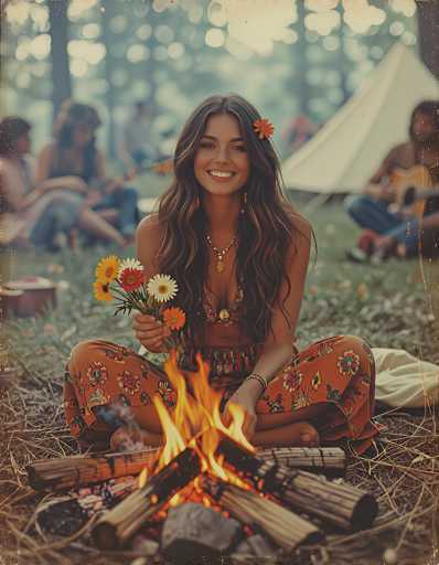 In this vibrant, color photograph, a young woman sits cross-legged in the center of a grassy field, exuding a carefree and joyful spirit. She is dressed in a flowery orange skirt and a matching bikini top, adorned with necklaces and bracelets. Her long, wavy brown hair cascades down, decorated with orange flowers, and she holds a bouquet of daisies and sunflowers in her right hand. A campfire crackles in front of her, adding warmth to the scene. Behind her, a white tent stands tall, surrounded by other people who are seated on the grass, some playing musical instruments. The background is slightly blurred, drawing focus to the woman and the lively campfire setting. The image captures a moment of pure happiness and community, with the woman's radiant smile and the natural elements around her creating a picturesque and serene atmosphere.