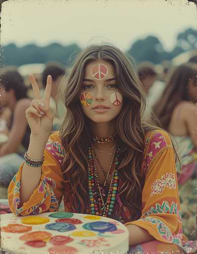 A woman with long brown hair is sitting at a table covered with a white tablecloth and surrounded by other people who appear to be enjoying the event. The woman has painted her face with peace signs on both of her cheeks and is wearing an orange dress adorned with colorful beads around her neck, as well as a necklace made up of multiple colored beads.