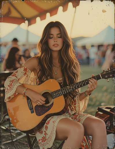 In this detailed photograph, a young woman with long, wavy brown hair adorned with blonde highlights is captured playing an acoustic guitar. She is seated on a black metal chair, her eyes closed and mouth slightly open, revealing her teeth as she focuses intently on her music. She wears a white dress with red floral patterns, which complements her red lipstick and the multiple bracelets on her right wrist. Her left hand skillfully strums the guitar, while her right hand holds the chords. The guitar itself is a light brown acoustic with a dark brown neck and a distinctive red and black pick guard. The scene is set in a grassy field, with a large white tent featuring a red roof in the background. The tent is surrounded by blurred figures of people, suggesting a lively atmosphere, possibly a music festival. The photograph has a vintage feel, with its edges appearing worn and chipped, adding to its nostalgic charm.