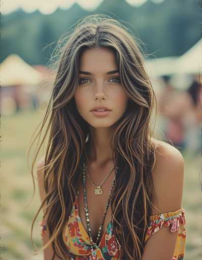 A woman with long brown hair is captured from behind, wearing a colorful dress and necklace. The background features tents and people walking around, suggesting an outdoor event or festival setting.