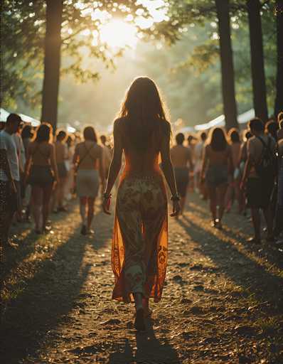 In this photograph, a woman stands at the center of a dirt path, surrounded by a crowd of people. She is wearing a unique, sheer, orangey-yellow dress that is see-through from the waist down, adorned with a floral pattern. The dress features a solid waistband and a solid section around the buttocks, with the rest of the garment being transparent. She has long, dark hair that cascades down her back, and she is wearing bracelets on both wrists. The scene appears to be set at an outdoor festival, with numerous people walking in both directions on the path. The background is filled with trees, and the sun is shining brightly, casting a warm glow over the entire scene. The photograph captures the woman from behind, emphasizing the intricate details of her dress and the bustling atmosphere around her.