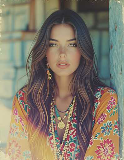The image features a young woman, likely in her late teens or early twenties, with long, wavy brown hair that has subtle highlights. She has striking green eyes and a sprinkling of freckles across her nose and cheeks. Her makeup is minimal, with just a touch of pink lipstick. She is adorned with several beaded necklaces, including a prominent gold pendant necklace and a turquoise one, as well as a black string necklace. She wears a vibrant, floral-patterned top in shades of yellow, red, and blue, which appears to be a dress or a shirt with a low neckline. The background is blurred, suggesting she is leaning against a wooden wall, possibly part of a building. The overall composition and her attire give the image a slightly retro feel, reminiscent of the 1970s.