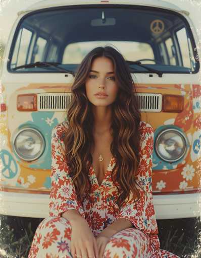 In this vibrant and detailed photograph, a young woman with long, wavy brown hair sits gracefully in front of a classic 1960s Volkswagen van. The van, adorned with colorful peace signs and floral patterns in shades of orange, blue, and white, exudes a nostalgic charm. The woman, who appears to be in her early 20s, is dressed in a striking white dress featuring a red floral pattern. Her attire is complemented by a delicate gold necklace with a small pendant. She sits with her legs crossed, her hands resting on her knees, and gazes directly at the camera with a serene expression. The scene is set outdoors, with the van's windshield wipers and rearview mirror visible, adding to the authentic vintage feel of the image.